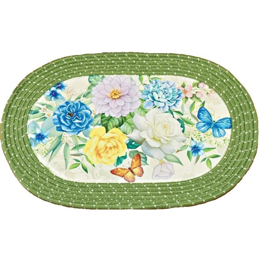 Oval Braided Kitchen Accent Rug(20"x30") COLORFUL FLOWERS & BUTTERFLIES,green,CE